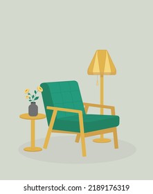 Interior design with Modern vintage cozy wooden green armchair, lamp and small table with vase, flowers. Interior elements, calm place on pastel green background. Flat vector illustration