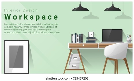 Interior design with Modern workplace background , vector , illustration
