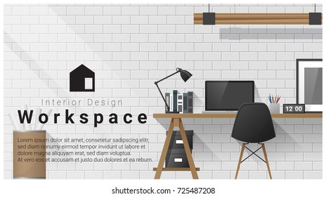 Interior design with Modern workplace background , vector , illustration