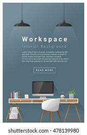 Interior design Modern workspace banner , vector, illustration