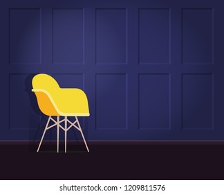 Interior design with a modern yellow chair on blue wall.