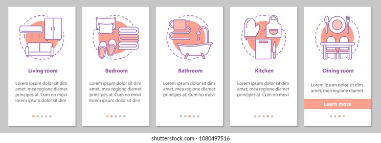 Interior design onboarding mobile app page screen with linear concepts. Flat or house rooms steps graphic instructions. Furniture and appliance. UX, UI, GUI vector template with illustrations