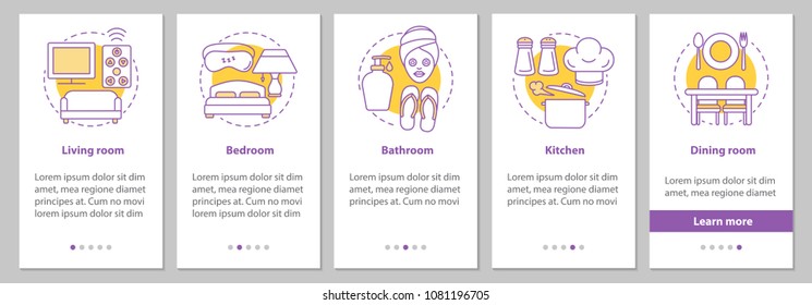 Interior design onboarding mobile app page screen with linear concepts. Flat or house rooms steps graphic instructions. Furniture and appliance. UX, UI, GUI vector template with illustrations