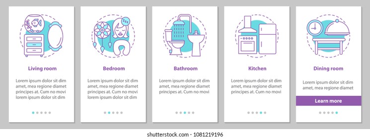 Interior design onboarding mobile app page screen with linear concepts. Flat or house rooms steps graphic instructions. Furniture and appliance. UX, UI, GUI vector template with illustrations