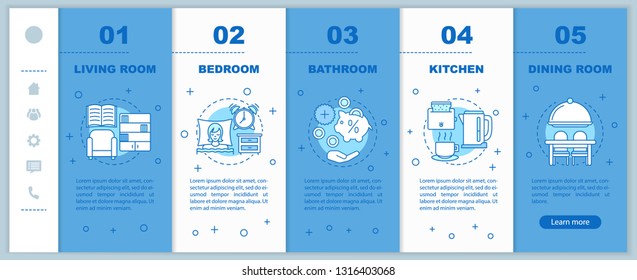 Interior design onboarding mobile web pages vector template. Responsive smartphone website interface idea with linear illustrations. House or flat rooms webpage walkthrough step screens. Color concept