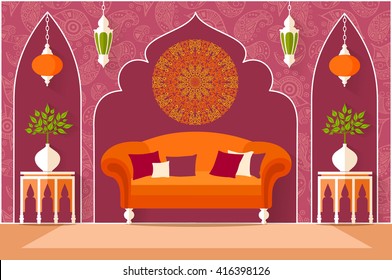 The interior design in oriental style. Living room in a flat style. Vector illustration. The concept of turkish arabian or indian interior. Ornate palace.