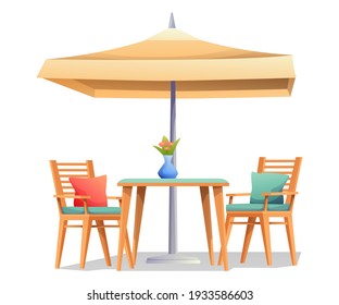 Interior Design Outdoor Restaurant. Table With Vase, Two Chairs, Large Street Umbrella Vector Illustration. Catering Business, Food Court, Cafe And Bar Concept In Cartoon Style