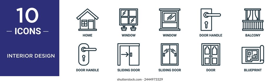 el conjunto de iconos de contorno de diseño interior incluye una línea delgada para el hogar, ventana, ventana, manija de puerta, balcón, manija de puerta, iconos de puerta corredera para informe, presentación, diagrama, Diseño web