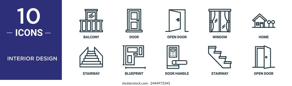 Innenarchitektur-Umriss-Icon-Set umfasst dünne Linie Balkon, Tür, offene Tür, Fenster, Haus, Treppe, Blaupausensymbole für Bericht, Präsentation, Diagramm, Webdesign