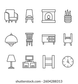 Interior design outline icon set isolated on white background