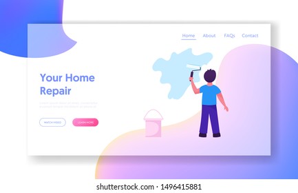Interior Design and Overhaul Website Landing Page. Little Boy Coloring Wall with Painting Roller Helping to Make Renovation for Parents. Kid Artist Web Page Banner. Cartoon Flat Vector Illustration