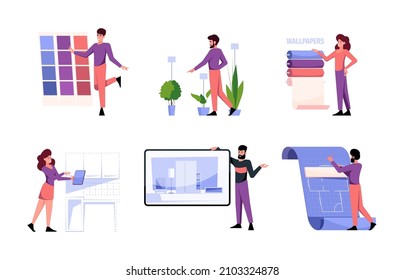 Interior design. People artists making modern interior projects interesting ideas of graphic studio commercial renovation house furnishing architects creators garish vector concept