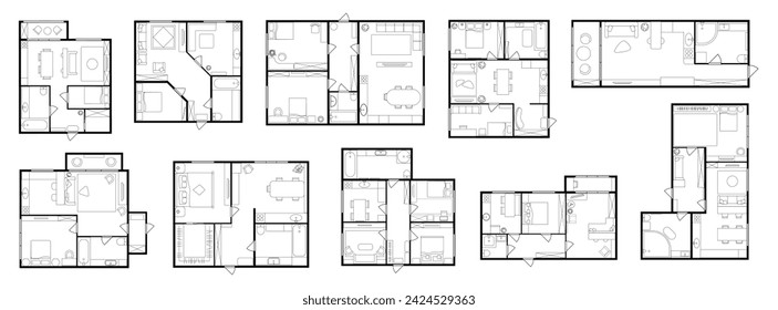 Diseño de interiores y planificación de apartamento, casa o estudio. Vector plano de dibujos animados, planos de planta aislados vista superior con muebles y habitaciones. Representación esquemática del hogar, condominio o vivienda