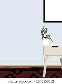 Interior design poster with night table and indoor plants. Vector Flat illustration.