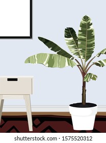 Interior design poster with night table and indoor tropical bananas plants. Flat illustration.