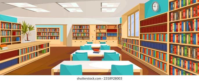 An interior design of a reading room in a public library. An empty modern school or university library with bookshelves full of books, tables, and chairs for studying. Cartoon vector illustration.