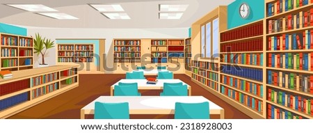 An interior design of a reading room in a public library. An empty modern school or university library with bookshelves full of books, tables, and chairs for studying. Cartoon vector illustration. Сток-фото © 