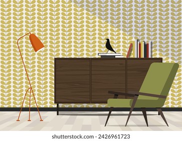 Interior design of a room with armchair on the background of wallpaper.