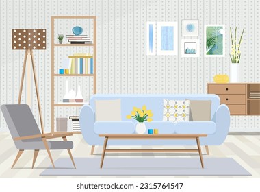 Interior design of a room with a blue sofa, Scandinavian furniture on the background of wallpaper. 