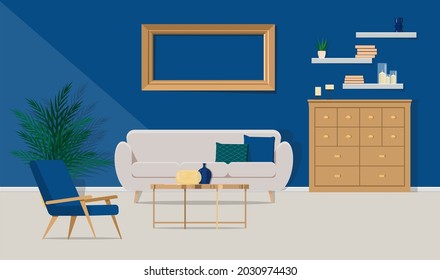 Interior design room in blue tones with furniture