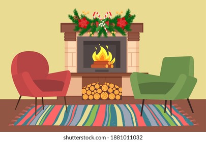 Interior design of room decorated for christmas. Soft armchairs upholstered in red fabric. Interior elements arranged in the lounge. Planning the arrangement of the furniture and the fireplace