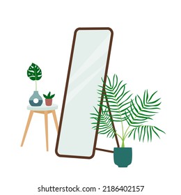 Interior design of a room with floor mirror, table and houseplants. Trendy composition with home decorations. Isolated vector illustration