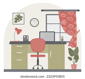 Interior design of a room with furniture: a desk, a computer chair, a picture on the wall, indoor plants, a wall clock, a window with curtains, a table lamp. Workplace.