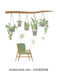 Interior design of room with retro chair and room plants on branch. Vector flat illustration of trendy and comfortable decorations for home interior isolated on white background.