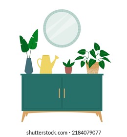 Interior design of a room with sideboard, watering can, houseplants and mirror. Trendy composition with home decorations. Isolated vector illustration