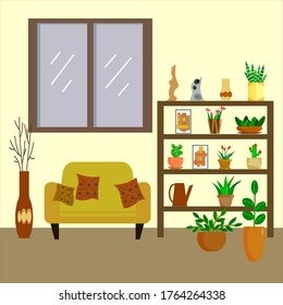 La decoración de la habitación Sofá y armario con plantas ornamentales. Ilustración vectorial de estilo plano.