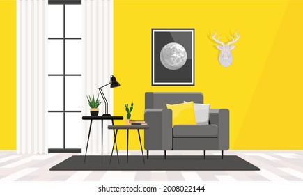 Interior design of a room with yellow walls, a poster with a moon and a deer head on the wall.
