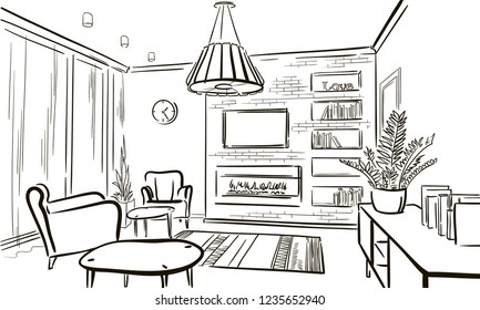 Interior design of the scandinavian living room with table, arm chairs and fireplace. Hand drawn sketch. 