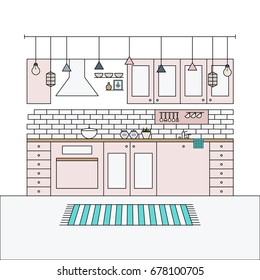 Interior Design in Scandinavian style. Kitchen set. Simple and modern. Minimalism in House Design. 