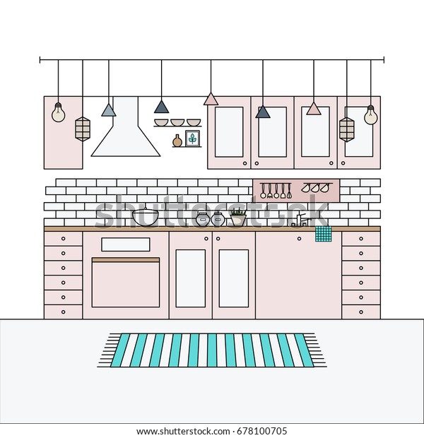 Interior Design Scandinavian Style Kitchen Set Stock Vector