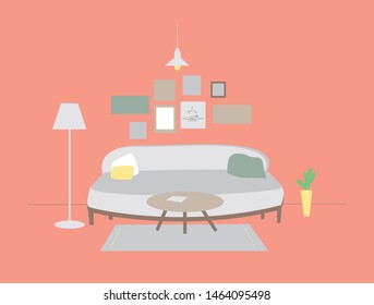 Interior design of a Scandinavian style living room with a grey sofa, wooden table, room plants and lamp. Minimalistic and cozy interior. Simple flat illustration. Vector Eps. 8.