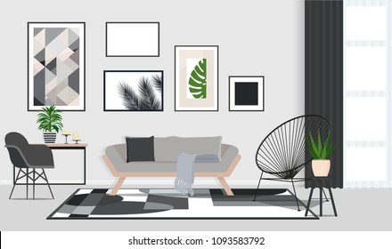 Interior design in Scandinavian style with wooden sofa. Vector flat illustration.