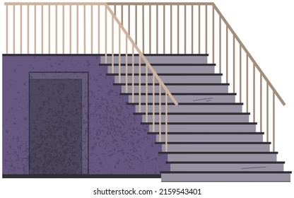 Interior design scene with stairs and door. Staircase at entrance to house. Corridor or hall of building with stairs. Staircase with railings and stairway, architecture of building vector illustration