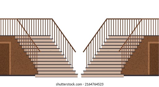 Interior design scene with stairs and door. Staircase at entrance to house. Corridor or hall of building with stairs. Staircase with railings and stairway, architecture of building vector illustration