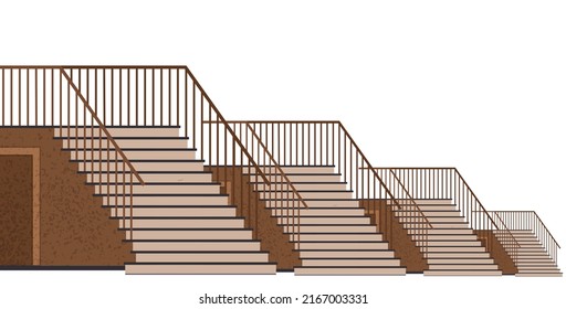 Interior design scene with stairs and door. Staircase at entrance to house. Corridor or hall of building with stairs. Staircase with railings and stairway, architecture of building vector illustration