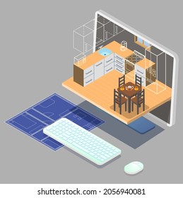 Interior design service. Kitchen room furniture 3d models on computer screen, house blueprint, flat vector isometric illustration. Online interior planning.