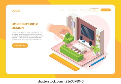 Interior design service landing page, illustration of big hand putting furniture in living room isometric vector concept