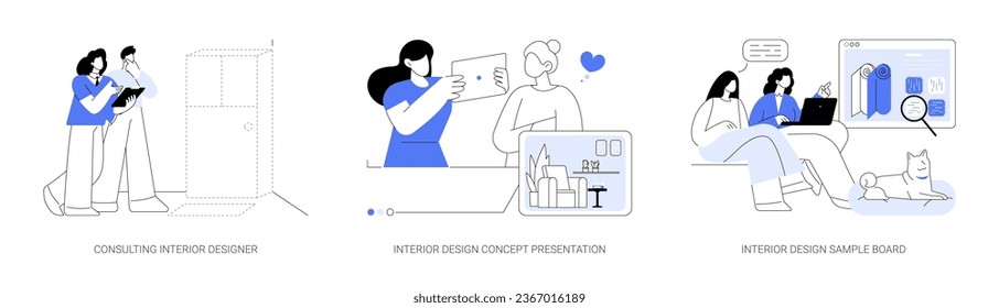 Conjunto de ilustraciones vectoriales de concepto abstracto de servicios de diseño interior. Diseñador de interiores de consultoría, presentación de concepto, software de renderización 3d, tablero de ejemplo, metáfora abstracta de servicio de arquitectos.