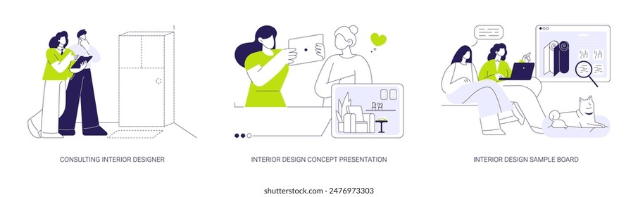 Interior design services abstract concept vector illustration set. Consulting interior designer, concept presentation, 3d rendering software, sample board, architect service abstract metaphor.