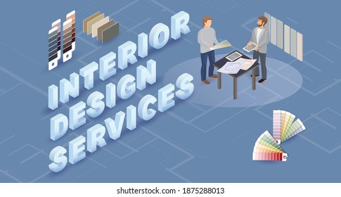 Interior Design Services. Designer and customer. Isometric vector 3d illustration.