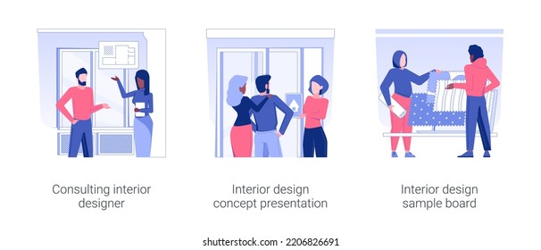 Interior design services isolated concept vector illustration set. Consulting interior designer, concept presentation, 3d rendering software, sample board, architect service vector cartoon.