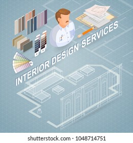 Interior design services. Isometric project and repairs concept. Designer, samples, palettes, drawings, interior plan. Worker, equipment and items isometric icon. Vector flat 3d illustration.