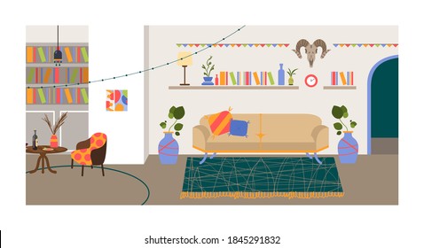 interior design set flat vector. cozy home interior design vector. flat design of cozy apartment. Stylish apartment interior set. Stylish graphic room set. House room with furniture icons.