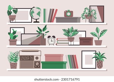 Interior Design. Shelves with books, radio, alarm clock, paintings and potted houseplants. The concept of home comfort. Illustration, vector	
