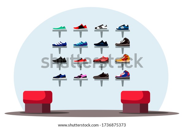 Interior\
design of shoe store background. Department of sports shoes, men or\
women new collection of sneakers, chairs for trying on for buyers.\
Fashion footwear boutique. Vector\
illustration