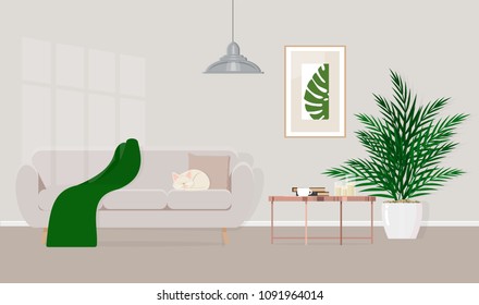 The interior design is simple, cozy living room with sofa, coffee table. Vector flat illustration.